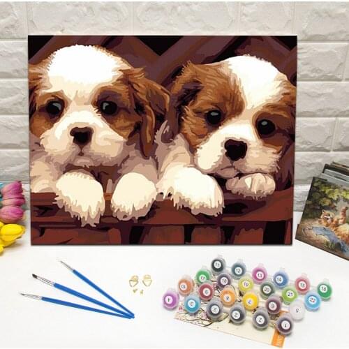 Two Cute Puppy Oil Painting by Number Hand Painted Canvas Wall Art Picture For Living Room Decoration Wall Art 40x50cm Framed