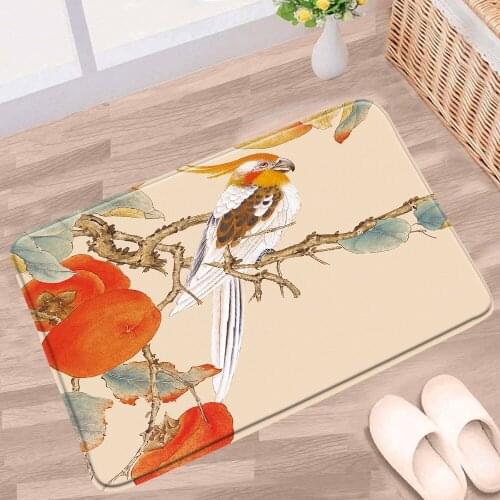 Chinese Style Flower Bird Bathroom Mat Watercolor Plant Floral Cherry Blossom Green Leaf Non-slip Rug Kitchen Doorway Carpet Pad