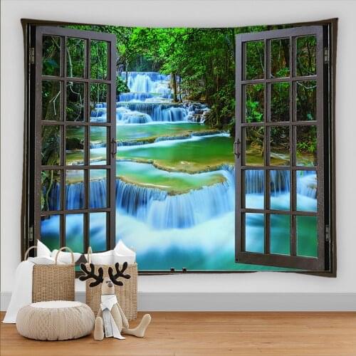 Beautiful Forest Outside the Window Waterfall Scenery Tapestry Wall Hanging Printed Tapestries Boho Bedroom Wall Rug Blanket