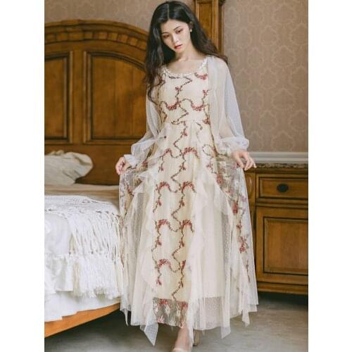 Summer New Bohemia Travel Vacation Beach Wind Dress Palace Wind Fairy Dress Retro Embroidered Mesh Show Thin Long Dress