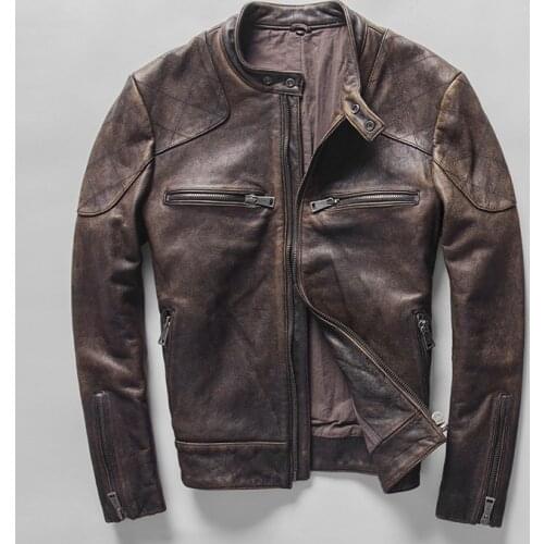 Beckham same style Mens Genuine Leather jacket Washed Vintage Cowhide Coat Motorcycle Clothing Stand collar Zipper winter coat