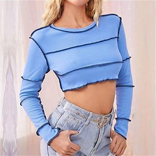 2021 New Women T-shirt Crop Tops Autumn Long Sleeve Patchwork Slim Fit Basic Tee Shirt Sexy Club Casual Tops Female