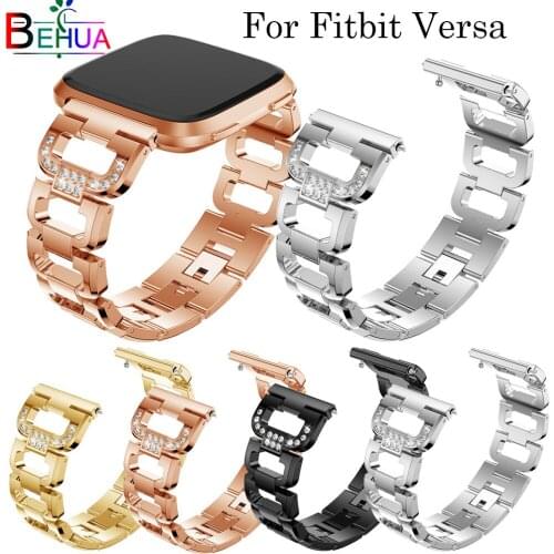New D type stainless steel with diamond watchband For Fitbit Versa smart watch crystal Wristband Bracelet For Fitbit Versa strap