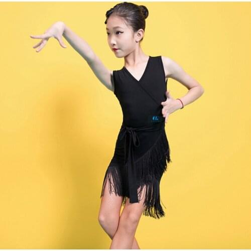 2021 New G3361 V Neck Kids Latin Dance Dress Sleeveless Tassel Girl Latin Dancing Cloth Stage Ballroom Dancewear L8062