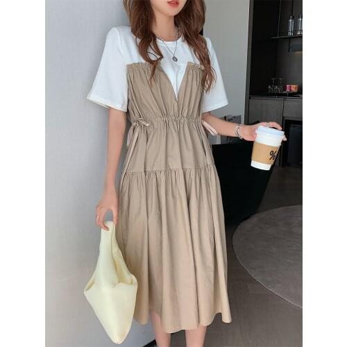 Plus size women draw string waist dresses summer short sleeve patchwork dress vestidos de mujer