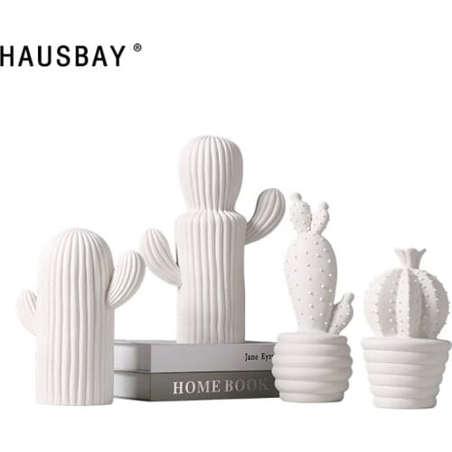 Nordic Ceramic Cactus Statue DIY Hand-Painted White Sculpture Creative Figurines Living Room TV Cabinet Decoration Ornament D134
