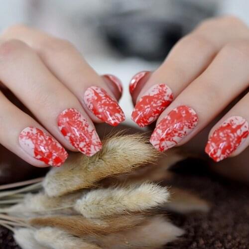 Nude Coffin Fake Nails Medium size Red Bloody Ballerina Press On Fingernails Halloween Nail Art
