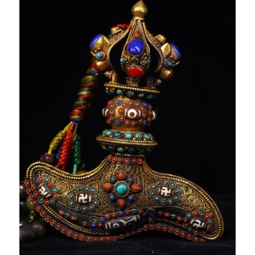 Tibet Temple Collection Old Tibetan silver Gilt mosaic Gem Dzi Bead Dorje Vajra Phurpa Town House Exorcism Ward off evil spirits