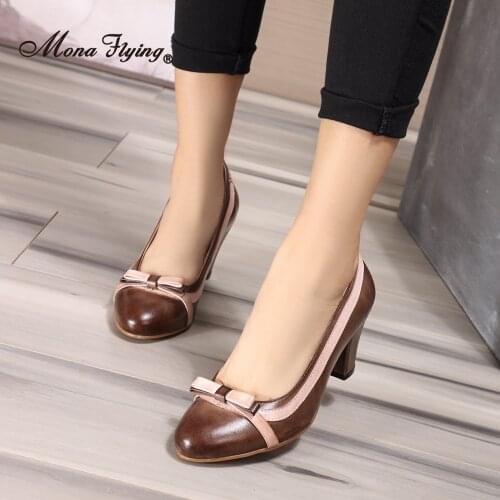 Mons Flying Women Genuine Leather Chunky Heel Dress Pumps Hand-made Office Elegant High Heels Shoes for Ladies 2020 New 205-G2