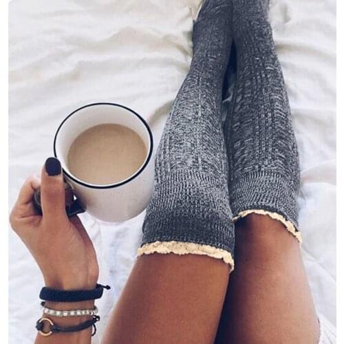 Womens Lace Over-the-Knee Bunching Lace Stockings White Red Light Gray Wine Red Color Thigh High Stockings