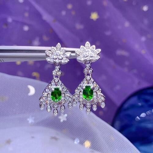 Natural green diopside earrings 925 silver Natural gemstone drop earring Luxurious Tassels Sun flower women party fine jewelry