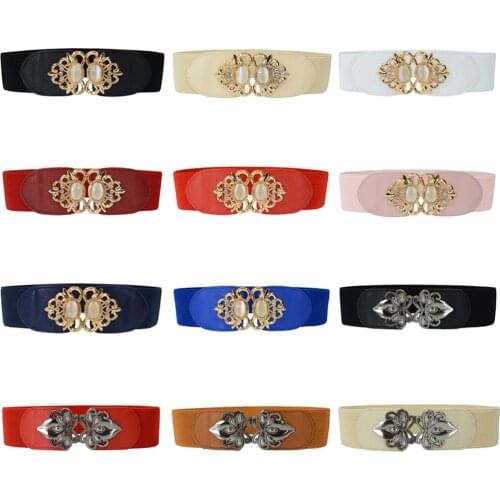 Women Metal Flower Buckle Faux Leather Belt Stretch Dress Corset Cinch Waistband BLTHG0008