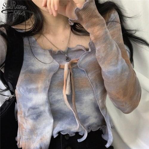Long Sleeve Female Top Summer 2021 New Tie Dye Blouse Women Sexy V-Neck Casual Lace Up Ladys Blouse+Camis Chemisier Femme 10372