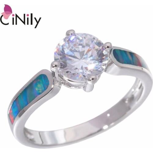 CiNily Created Rainbow Fire Opal White Stone Silver Plated Wholesale Round Shape Jewelry for Women Wedding Ring Size 6-9 OJ9247