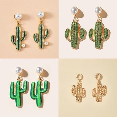 1Pair Fashion Crystal Cactus Earring Gold Color Colorful Rhinestone Plant Stud Earring Women Good Quality