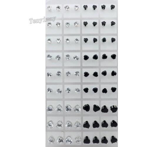 36 Pairs/lot 5, 6, 8mm Mixed Size Black And Clear Heart Zircon Earring Studs Wholesale