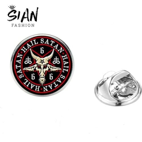 SIAN Goat Head Glass Dome Brooches Pin Vintage Pattern Inverted Pentagram Baphomet Stainless Steel Badges Unisex Gothic Jewelry