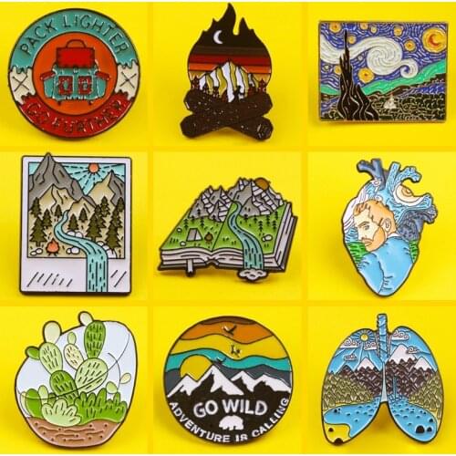 Outdoors Mountain Forest Enamel Pin Custom Wild Camping Hiking Brooches Clothes Lapel Pin Adventure Van Gogh Badges Jewelry Gift