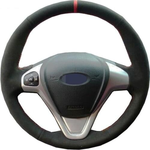 Black Suede Red Marker DIY Hand Stitched Car Steering Wheel Cover For Ford Fiesta 2008-2013 Ecosport 2013-2016