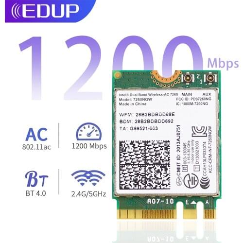 EDUP 1200Mbps PCIE WiFi Adapter Dual Band Intel 2.4Ghz/5G 7260 HMW Blue-tooth 4.0 Wireless Mini PCI Express WiFi Card 6Dbi