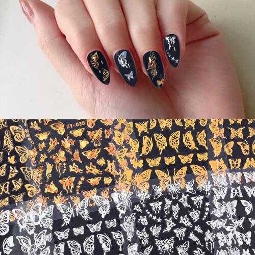Holographic 3D Nail Sticker Gold Butterfly Daisy Colorful Marble Nail Art Self-adhesive Decoration Design For Nail DIY Wholesale