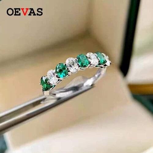 OEVAS Real Lab Grown Emerald Finger Rings Foe Women 100% 925 Sterling Silver Sparkling High Carbon Diamond Party Fine Jewelry