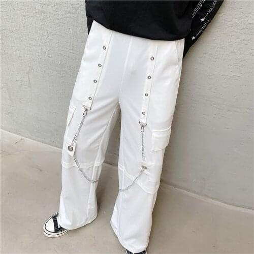 Metal Chain Decor Big Pockets Elastic Overalls Mens Loose Casual Streetwear Trousers Men Autumn New Fashion Wide Leg Pants Both