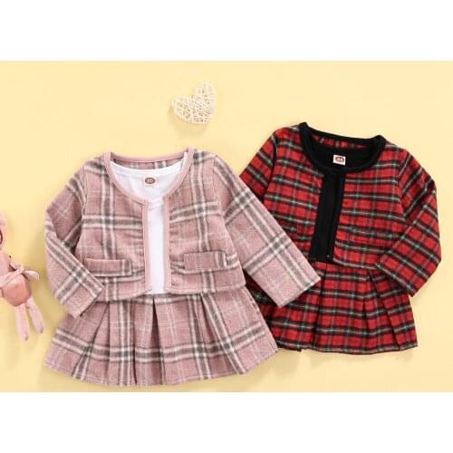 FOCUSNORM 0-3Y Lovely Baby Girls Autumn Clothes Sets Plaid Printed Long Sleeve Cardigan Tops+A-Line Mini Dress 2pcs