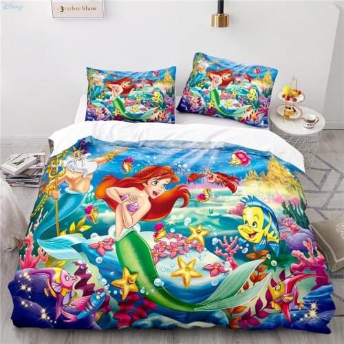 Disney Princess The Little Mermaid Cartoon Bedding Set Printed Duvet Cover Sets with Pillowcase Twin Full Queen King Bed Linen