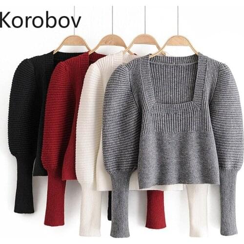 Korobov Vintage Elegant Square Collar Puff Sleeve Women Sweaters Korean Streetwear Crop Pullovers Office Lady Solid Sueter Mujer