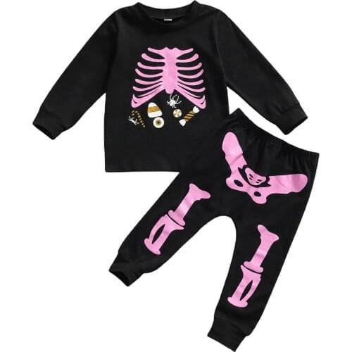 Toddler Girl 2Pcs Halloween Costume Long Sleeve Skeleton Pullover Tops and Pants Set 18M-5T
