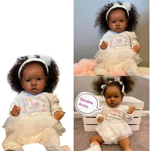 55cm Full Body Silicone Rebirth Baby Girl Black Doll Black Vinyl Princess Realistic Bebe Newborn Toys Dolls Toddler Curly H W7E2