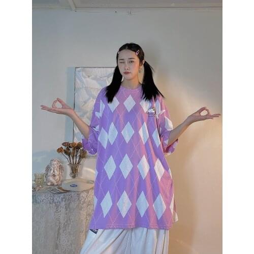 Summer new diamond Plaid printed short sleeve T-shirt for men and women Korean loose student fashion round neck half sleeve tees