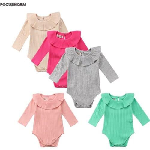 0-24M Cute Newborn Baby Girl Long Sleeve Lotus Leaf Collar Solid Color Cotton Bodysuit Jumpsuit Playsuit Outfits Baby Clothes