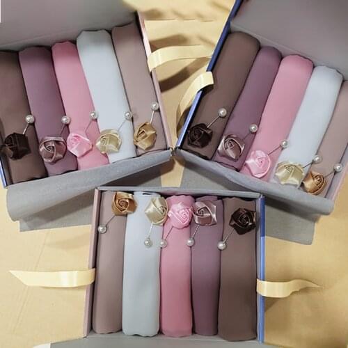 Fashion Plain Hijab Women Muslim Chiffon Hijab Scarf Femme Musulman Headscarf Islamic Hijab Shawls Wraps 5PCS one Box