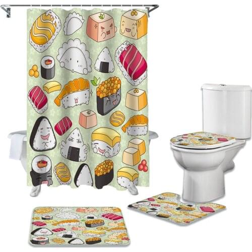 Sushi Cartoon Japanese Culture Delicious Food Shower Curtain Sets Rugs Toilet Lid Cover and Bath Mat Bathroom Curtains Set