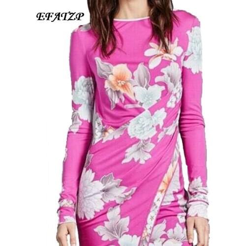 New 2017 Fashion Designer Brand Dress Ladies' Elegant Pink flowers Print XXL Long Sleeves Stretch Jersey Silk Day Dress