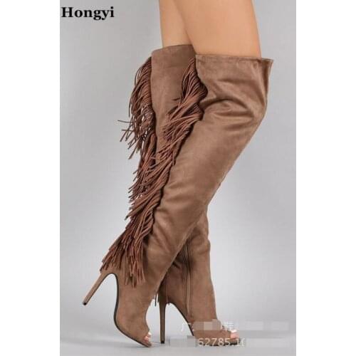Hongyi New Arrival Thin High Heels Designer Open toe Tassel Long Boots Women Suede Leather Over The Knee Fringe Gladiator Boot