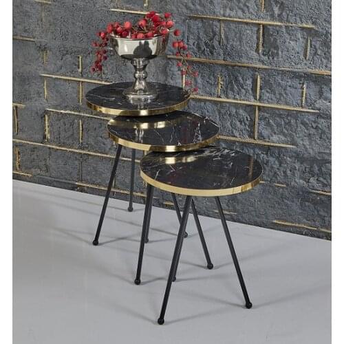 New Modern Rupon Home 3 Pcs Zigon Coffee table-Black Marble Pattern Gold Pro Metal coffe table table basse
