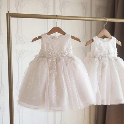 2021 Summer White Flower Girl Applique Sequin Sleeveless Princess Dress 1st Birthday Party and Wedding Gown 2 3 4 5 6 7 Years