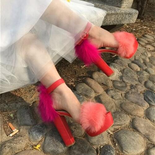 Summer Fox Fur Sandals Women Sexy PVC One Strap Lucency High Heel Leg Bandage Lace up Sandals Shoes