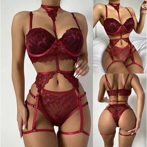 Sexy Underwear Women Dress Panty Lingerie Set With Garter Lace Embroidery Female bralette deep v neck push up Сексуальное Белье
