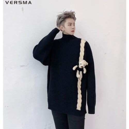 VERSMA Japanese Harajuku Cartoon Patchwork Sweater Men Women Pullover Winter Streetwear Oversized Thick Turtleneck Men Sweaters