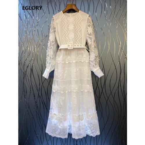 Top Quality New 2021 Spring Long Party Vestidos Special Occasion Women O-Neck Appliques Lace Embroidery Long Sleeve Maxi Dress