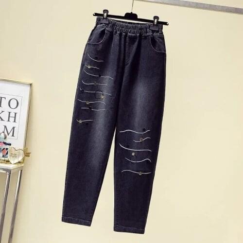 2021 Fashion Embroidered Jeans Women Autumn Winter Thick Loose Plus Size Denim Harem Pants Elastic-Waist Casual Trousers KW1108