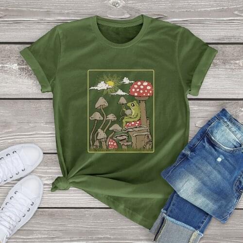 Womens T-Shirts Goblincore Aesthetic Frog Mushroom Cottagecore Dark Academia Unisex T-Shirt Female Graphic Cotton Tee Oversize