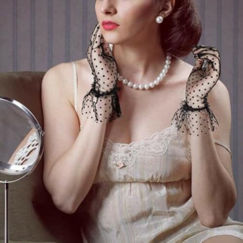 Womens Sexy Guantes Transparentes Dot Print Black White Mesh Tulle Gloves Female Club Prom Party Dancing Dress Glove