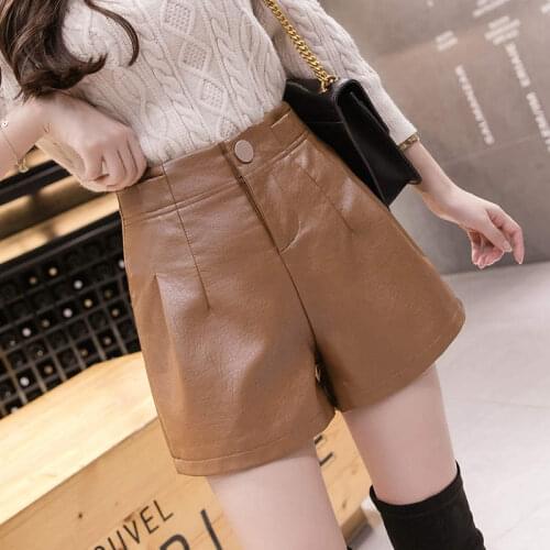 Autumn Winter Black Faux Leather Womens Shorts Office Casual High Waist PU Leather Bike Shorts Wide Leg Female Trousers C7655