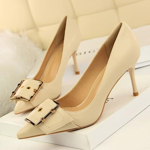 2018 Women Shoes Pointed Toe Pumps Career Pointed metal belt buckle PU Dress Shoes 7.5 CM Thin High Heels Wedding Shoes