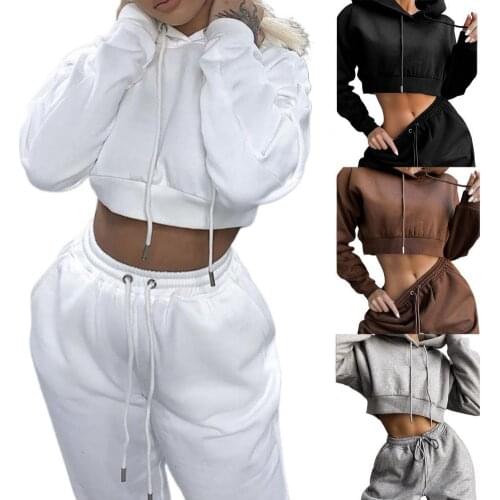 Women Casual Hoodies Pants Set Hooded Drawstring Long Sleeve Crop Top Hoodies Pockets Trousers for Streetwear Daily